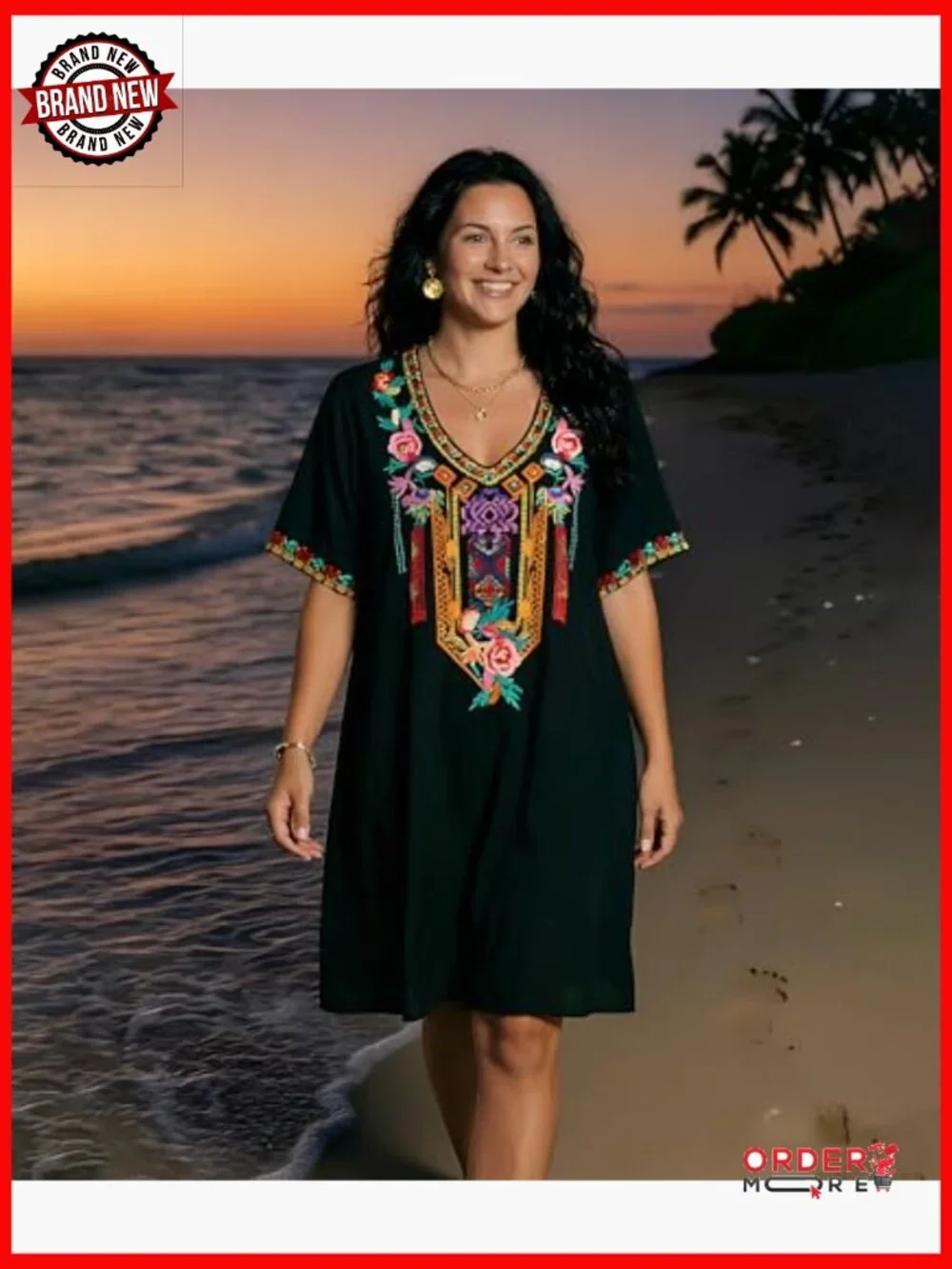 Mexican Embroidered Bohemian Peasant Dress Plus Size Rayon Summer - Picture 3 of 7
